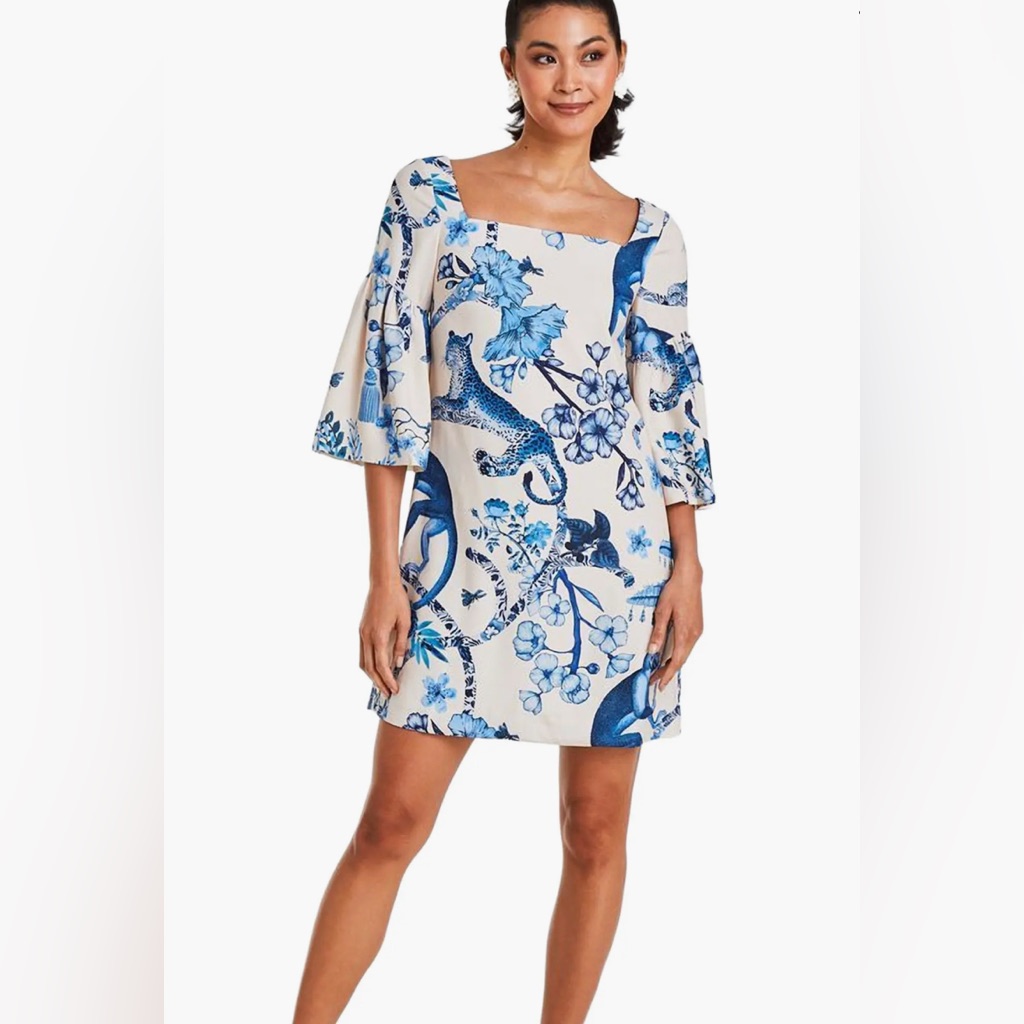 Chic Blue Mestiza New York Chinoiserie Floral Blue Mini Dress Nwt $325